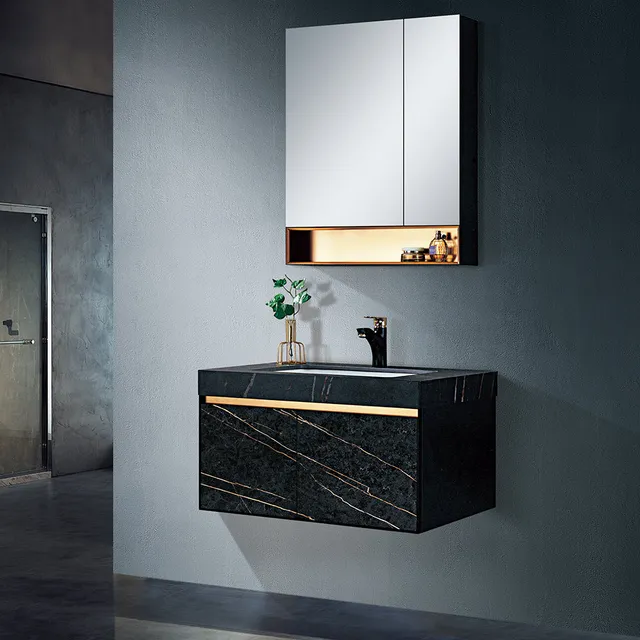 hudor-cw20012-meuble-salle-de-bain-suspendu-noir-dor image 1