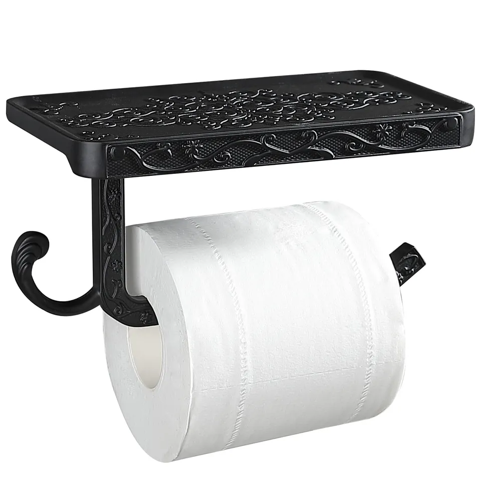gricol-porte-rouleau-papier-toilette-mural-noir-vintage-avec-tablette image 1