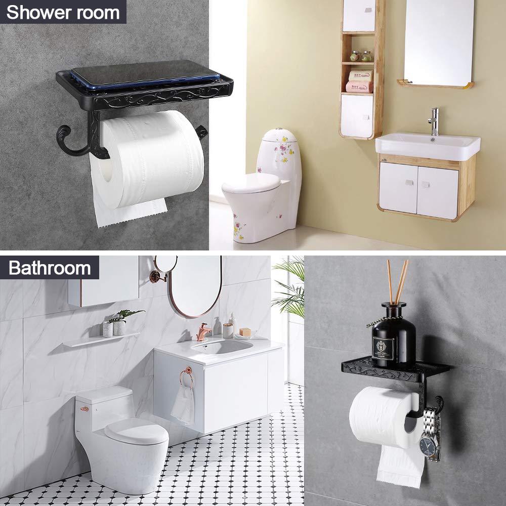 gricol-porte-rouleau-papier-toilette-mural-noir-vintage-avec-tablette image 2