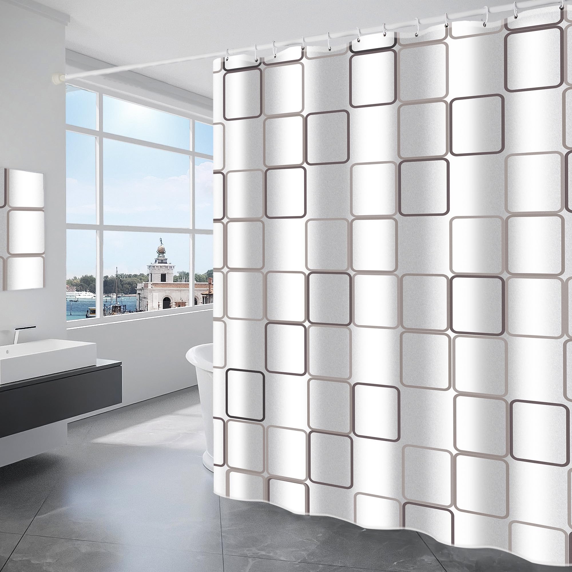 gricol-rideau-de-douche-polyester-180x180-blanc-carreaux-12-crochets image 1