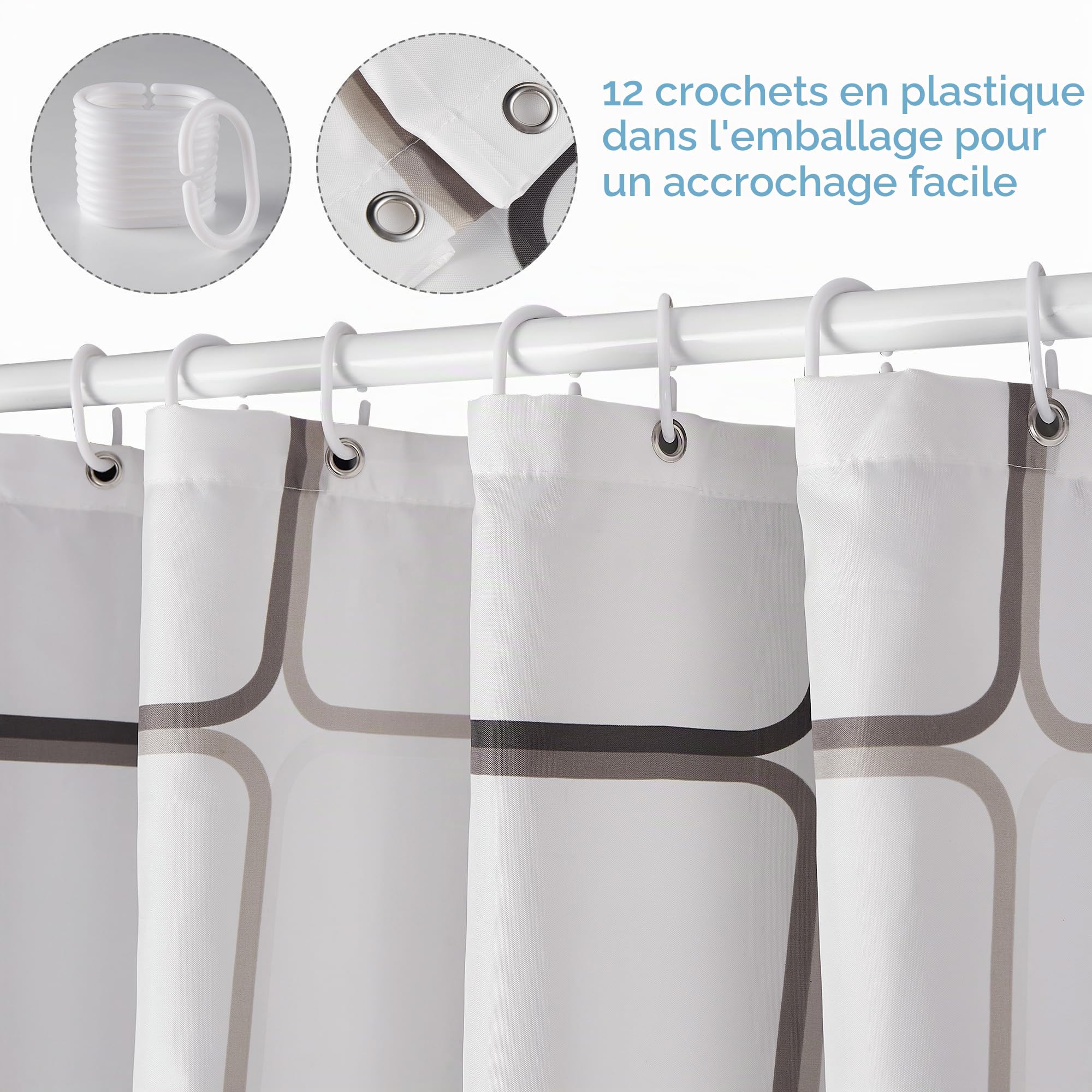 gricol-rideau-de-douche-polyester-180x180-blanc-carreaux-12-crochets image 4