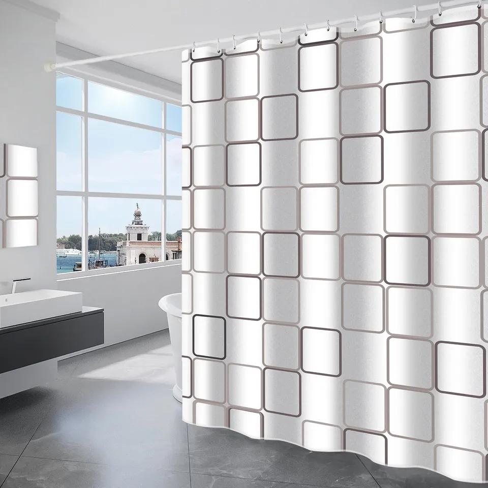 gricol-rideau-de-douche-polyester-180x180-blanc-carreaux-12-crochets image 1